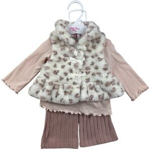 Little Lass Baby 3pc Cheetah Faux Fur Vest Long Sleeve Pant Set Pink Size 0-3M